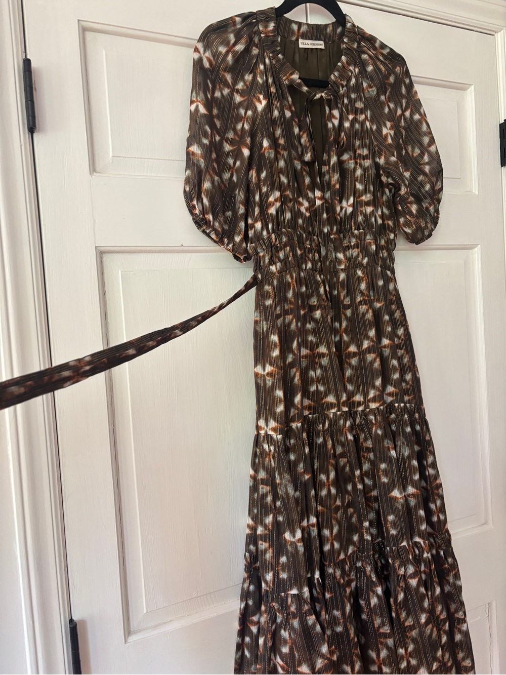 Ulla Johnson Tunis Midi Dress 100% Silk Olive Prism Metallic Puff Sleeve Size 4 - Picture 10 of 16